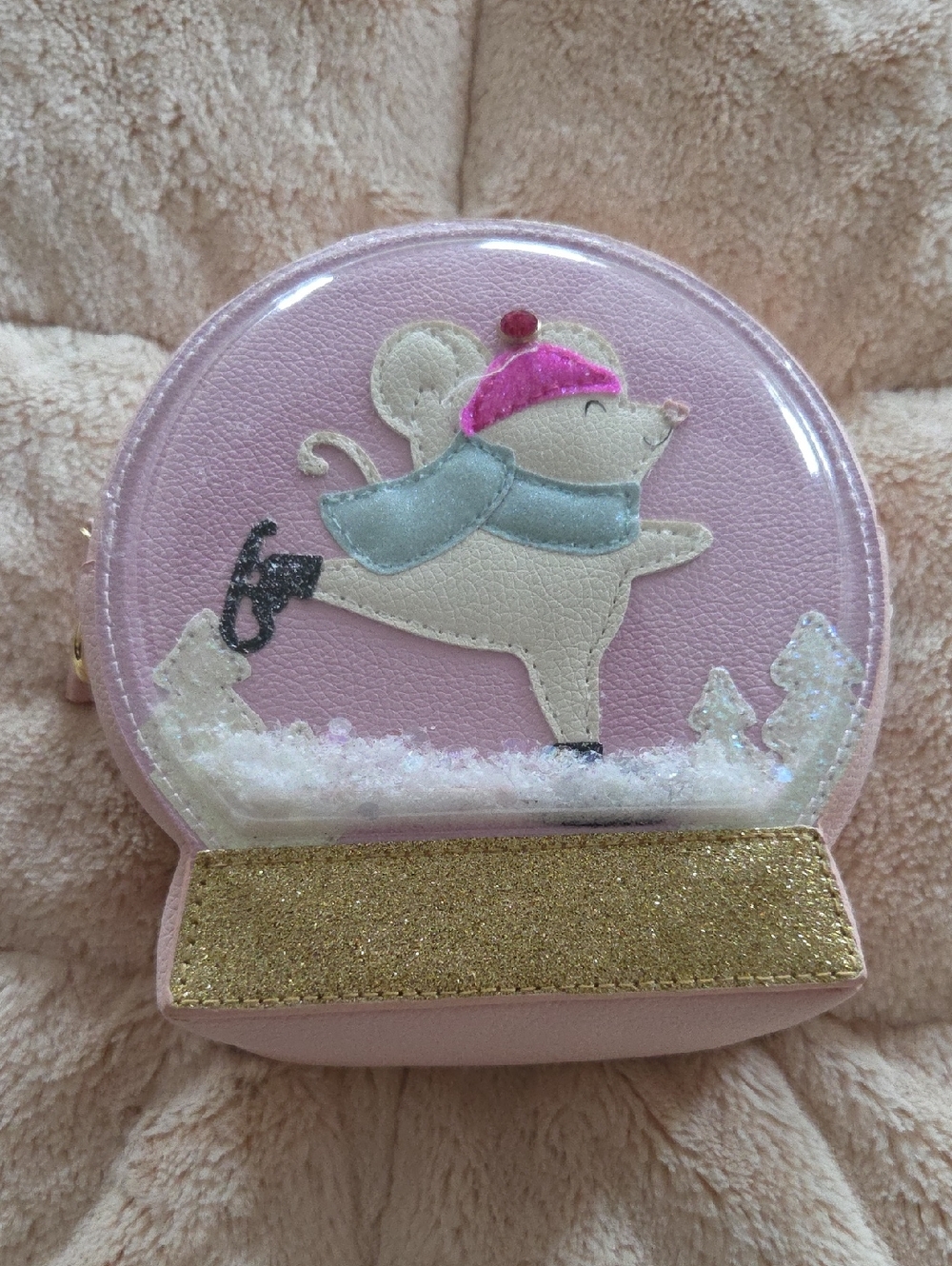 Pink Glitter Snow Globe Crossbody Purse with Skating Mouse